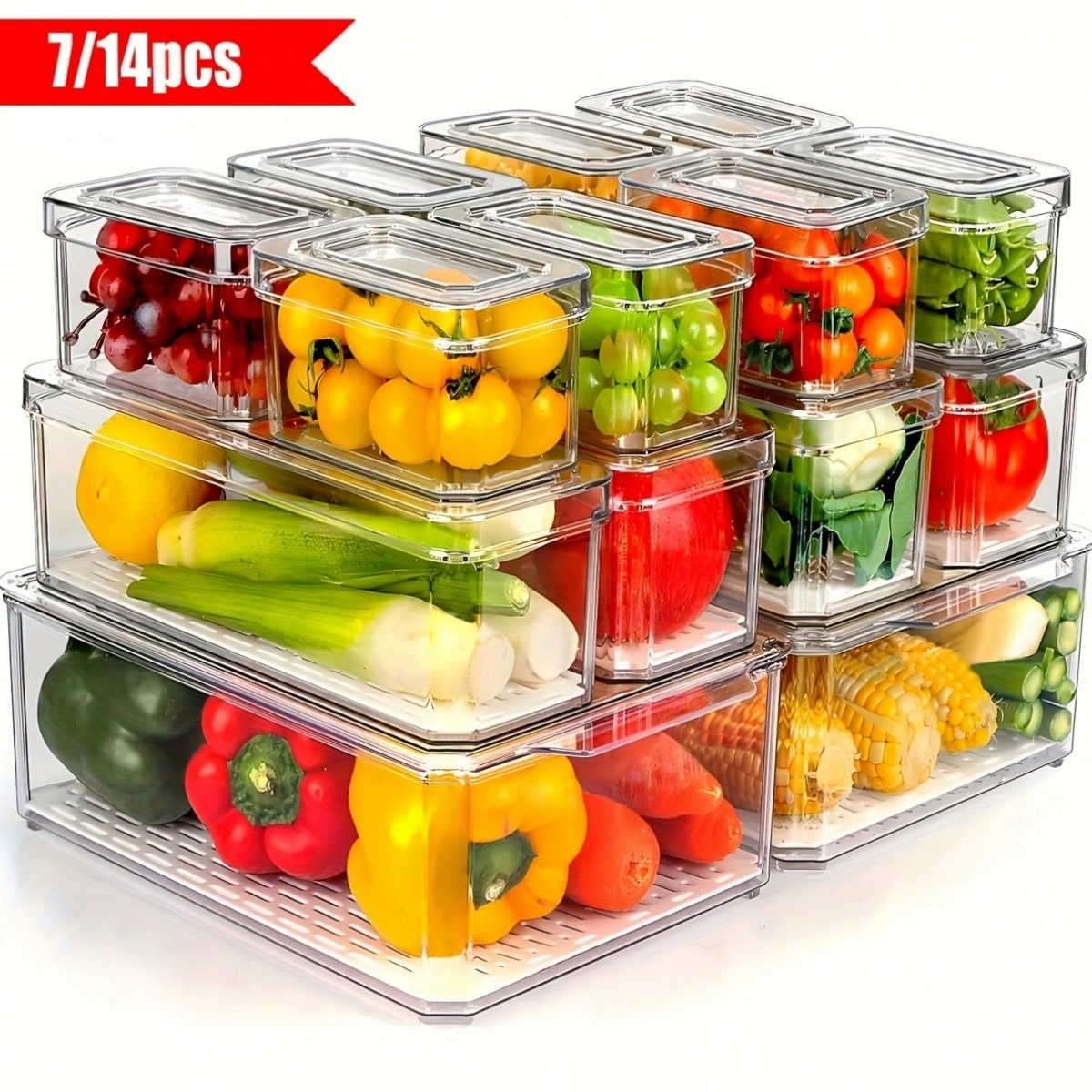 Food Storage Bins - 7/14-delige stapelbare koelkastopbergbakken met deksels, ruimtebesparende