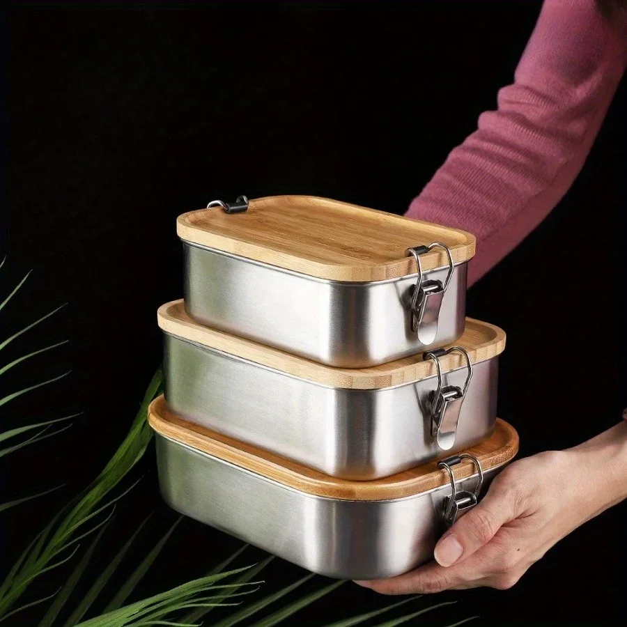 Food Storage Bins - Nieuwe 304 roestvrijstalen lunchbox met bamboe